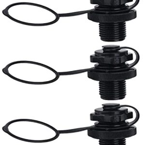 Drei schwarze Schlauchboot Ventile mit Gewinde und Schutzschlaufen, ideal für Kajaks und Fischerboote, hergestellt aus robustem ABS-Kunststoff.