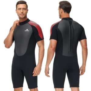 Herren Neoprenanzug kurz, 3mm dick, schwarz mit roten Designelementen, ideal zum Tauchen, Surfen, Schwimmen und Kanufahren in XXL.