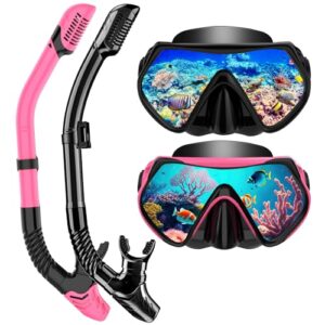 Schnorchelset für Erwachsene mit anti-leck und anti-beschlag gehärteter Glaslinse, Panoramablick, Schwimmmaske und Trockendeckel
