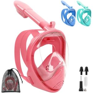 Pink ski mask for kids with bag and other accessories on white background