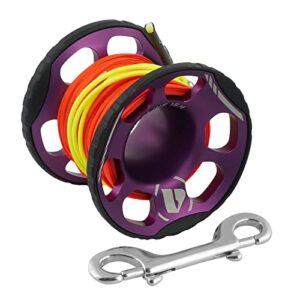 Apeks Lifeline Spool 15 Meter in lila mit bunten Schnüren und Karabinerhaken, ideal für Tauchsport und Unterwasserabenteuer.