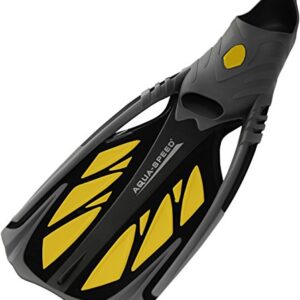 Aqua Speed INOX Schwimmflossen in grau und gelb, ideal für Schwimmen, Tauchen und Schnorcheln, aus flexiblem und antiallergischem Kunststoff mit rippenstruktur und geschlossener Fußtasche.