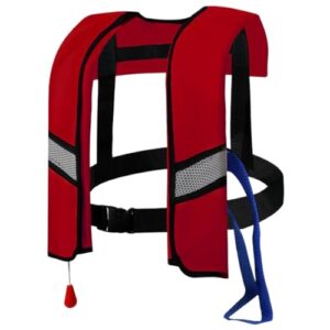Aufblasbare Lebensjacke für Erwachsene in leuchtendem Rot mit automatischer Inflation und reflektierenden Streifen, ideal für Wassersport und Bootfahren.