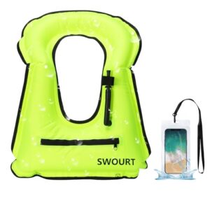 Neongelbe aufblasbare Schnorchelweste mit ergonomischem Design und wasserdichtem Handy-Case für sicheres Tauchen und Schwimmen, tragbar bis 220 lbs.