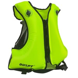 Aufblasbare Schwimmweste für Erwachsene in leuchtendem Grün, geeignet für Wassersportaktivitäten wie Schwimmen, Schnorcheln, Surfen und Bootfahren. Die Weste bietet Sicherheit und Auftrieb im Wasser.