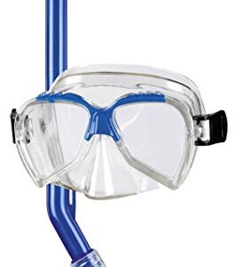 Beco Tauchset in Blau für Kinder, bestehend aus einer Tauchermaske mit klarer Sichtscheibe und einem blauen Schnorchel mit rot-orangefarbener Spitze, ideal für Schnorcheln im Schwimmbad oder am Strand.