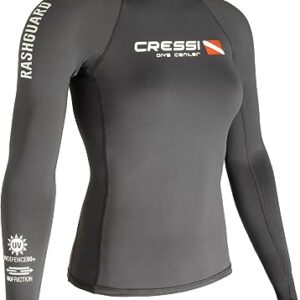 Schwarze Cressi Dive Center Lady Rash Guard für Damen mit langen Ärmeln, ideal für Wassersportarten wie Surfen und Stand-Up-Paddling.