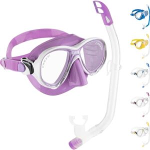 Cressi Marea Jr Combo Schnorchel Set für Kinder, bestehend aus lila Tauchmaske und transparentem Schnorchel mit lila Akzenten, ideal für das Schnorcheln und Tauchen.