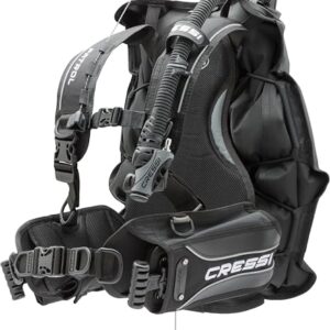 Cressi Patrol Tarierjacket in Schwarz, ergonomisches Design mit gepolstertem Rücken und mehrfarbigen Ventiloptionen für professionelles Tauchen.