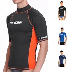 Cressi Rash Guard Man - Kurzarmshirt für Herren in Schwarz mit orangefarbenem Streifen, ideal für Wassersport und UV/UPF 50+ Sonnenschutz.