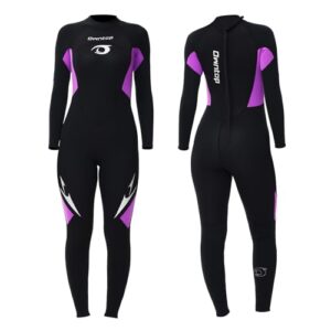Owntop Damen 3/2mm Ganzkörper Neoprenanzug in Schwarz mit lila Akzenten, ideal für Wassersportarten wie Surfen und Tauchen, ausgestattet mit Rückenreißverschluss und ergonomischem Design.