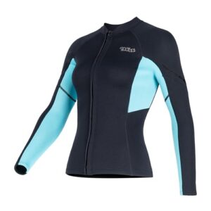 Sportlicher Damen Neoprenanzug 1.5mm mit hoher Kragenform und Frontreißverschluss, ideal für Wasseraktivitäten wie Surfen, Schwimmen und Tauchen.