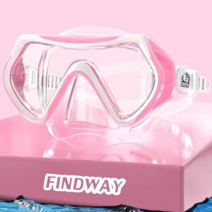 Findway Taucherbrille für Erwachsene und Teenager mit HD gehärteten Gläsern, geeignet für Schnorcheln und Tauchen, auf pinkem Hintergrund