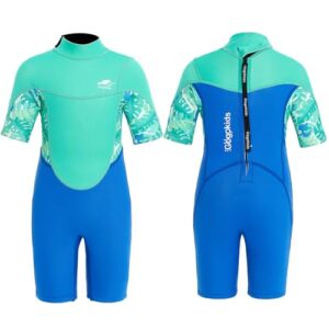 Gogokids Shorty Neoprenanzug für Kinder in türkis und blau mit buntem Design, ideal für Wassersportaktivitäten wie Surfen und Schwimmen, Größe für 8-9 Jahre.