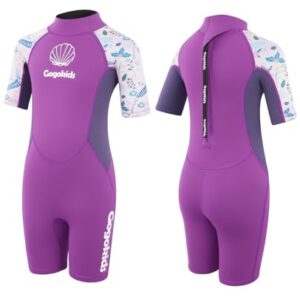 Violetter Neoprenanzug für Kinder, 2.5 mm dick, ideal für Wassersportaktivitäten wie Surfen und Schwimmen.