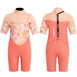 Gogokids Shorty Neoprenanzug für Kinder in korallenrosa mit buntem floralen Druck, ideal für Wassersportaktivitäten wie Schwimmen und Surfen, geeignet für Kinder im Alter von 2-3 Jahren.
