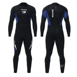 Owntop Herren Neoprenanzug 3/2mm in Blau mit vorderen Reißverschluss für Wassersportarten wie Surfen und Schnorcheln.