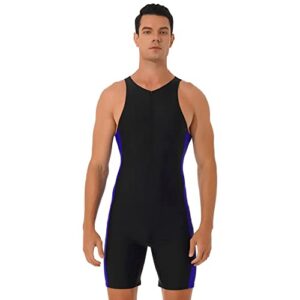 Sportlicher ärmelloser Herren Neoprenanzug in Schwarz und Blau, ideal für Wassersport und Beach-Style, mit frontseitigem Reißverschluss für komfortables An- und Ausziehen.