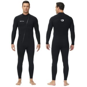 Schwarzer Herren Neoprenanzug 3/2mm mit seitlichem Reißverschluss, optimal für Wassersport wie Surfen, Schnorcheln und Tauchen.
