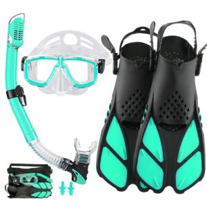 Komplettes Schnorchelset für Erwachsene mit Tauchmaske, Dry Top Schnorchel, verstellbaren Schwimmflossen und Tragetasche, ideal für Schnorchelabenteuer und Unterwassererkundungen.