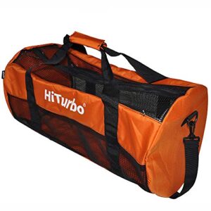 Hiturbo Netz Tauchtasche in orange mit schwarzem Mesh, ideal für Wassersport-Ausrüstung wie Flossen und Masken, um sicher und praktisch zu reisen.