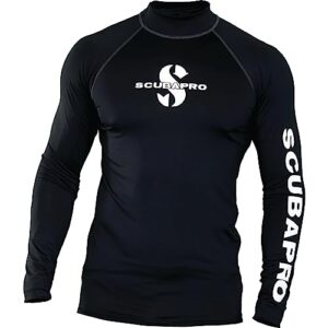 Langärmliges Rashguard-Shirt für Herren in Schwarz mit hohem Halsausschnitt, ideal für Wassersportarten wie Tauchen, Schnorcheln und Schwimmen, bietet UV-Schutz und hohen Tragekomfort.