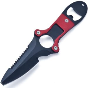 JPCRMOV Tauchermesser mit gezackter Klinge und ergonomischem Griff, ideal für Taucher, Camper und Outdoor-Enthusiasten. Das Bild zeigt das Messer in einer Nylonscheide mit Beinschlaufe.
