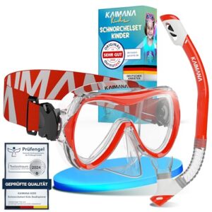 KAIMANA SeaExplorer Schnorchelset für Kinder, bestehend aus Taucherbrille und Schnorchel in Rot und Weiß, geeignet für Spaß und Sicherheit im Wasser