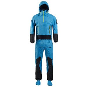 Hochwertiger Kajak-Trockenanzug für Männer in lebhaftem Blau mit Latexmanschetten und Spritzschutzkragen, ideal für Wassersport bei kaltem Wetter.