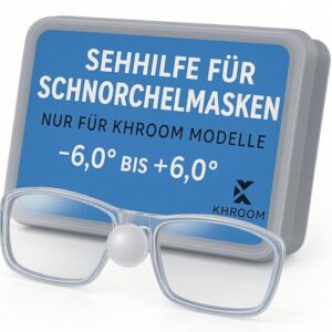 Verpackung von Khroom Brillengläsern als Sehhilfe für Schnorchelmasken, geeignet für Kurzsichtige und Weitsichtige, mit Angaben zur Dioptrien-Range von -6.0 bis +6.0.