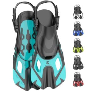 Verstellbare Schnorchelflossen für Kinder, Damen und Herren in Türkis mit ergonomischem Fußbereich und modernen Akzenten, ideal für das Schnorcheln, Schwimmen und Tauchen.