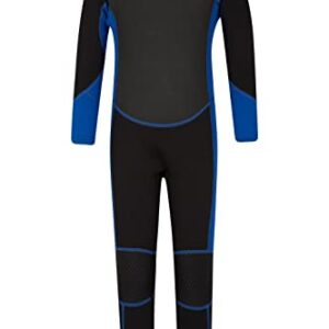 Schwarzer Kinder-Neoprenanzug mit blauen Akzenten für Wassersport, ideal für Kinder von 11-12 Jahren, bietet UV-Schutz und hohe Bewegungsfreiheit.