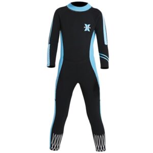 Kinder Neoprenanzug für Jungen und Mädchen in Schwarz mit hellblauen Akzenten, ideal für Wassersportarten wie Schwimmen, Surfen und Tauchen, bietet Wärme- und UV-Schutz.