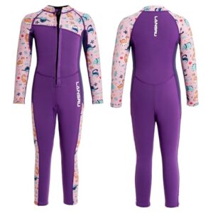 Lansru Neoprenanzug für Kinder in lila mit bunten Ärmeln, ideal zum Schwimmen und für Wassersport, mit Frontreißverschluss und UV-Schutz