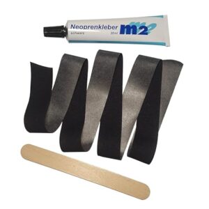 M2 Neorepset Hot Melt-Reparaturband in verschiedenen Längen, ideal für die Reparatur von Neoprenprodukten, einschließlich Tube mit Kleber und Holzspatel zur einfachen Anwendung.