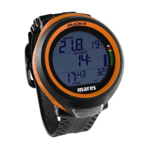 Mares Puck 4 Tauchcomputer in orange, ideal für Luft- und Nitrox-Tauchgänge mit großem digitalen Display für optimale Lesbarkeit unter Wasser.