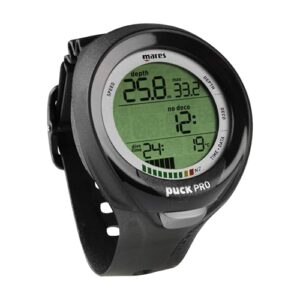 Mares Puck Pro Tauchcomputer in schwarzem Design mit digitalem Display und breitem Kunststoffband, ideal für Tauchen und Outdoor-Aktivitäten.