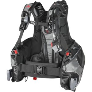 Mares Rock Pro Tarierjacket in Größe M mit integriertem Bleisystem, ideal für Tauchen und Outdoor-Aktivitäten, in Schwarz mit grauen und roten Akzenten.