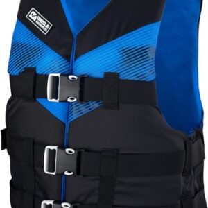 Mesle Schwimmweste V210 für Erwachsene in Blau und Schwarz, ideal für Wassersportarten wie Kajakfahren, Schwimmen und Wakeboarden, mit anpassbaren Riemen für Komfort und Sicherheit.