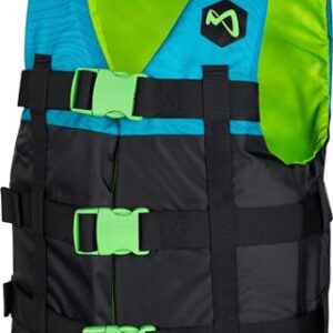 Mesle Schwimmweste H210 mit modischen blauen und grünen Akzenten, geeignet für Wassersport und Freizeitaktivitäten.