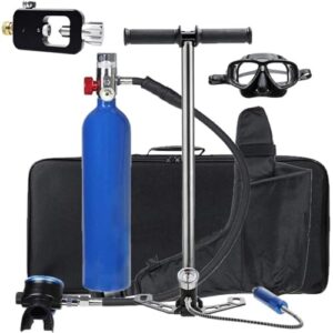 Mini Sauerstoffflasche für Tauchen mit Tauchpumpe und Taucherbrille in blauer Farbe, ideal für Unterwasserabenteuer und sicheres Atmen bei Tauchaktivitäten.