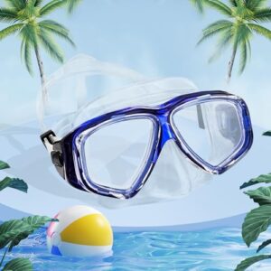 Schnorchel Taucherbrille mit 180° Panorama Sicht im sommerlichen Umfeld, ideal für Männer und Frauen mit klarem Glas und blauer Umrandung.
