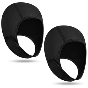 Zwei schwarze Neopren Taucherhauben für Schnorcheln und Surfen mit Kinnriemen und dehnbarem Material.