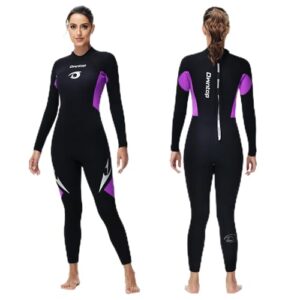 Owntop 5mm Neoprenanzug für Männer und Frauen mit Rückenreißverschluss, ideal für Wassersport, in schwarz mit lila Akzenten.