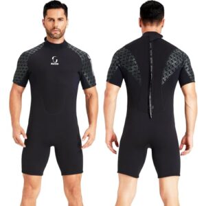 Schwarzer 3mm Neoprenanzug für Damen und Herren mit Rückenreißverschluss, ideal für Wassersport wie Surfen, Schwimmen, Kajakfahren und Schnorcheln.