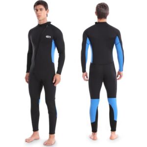Schwarzer Neoprenanzug für Herren mit blauen Akzenten, ideal für Wassersportarten wie Tauchen, Surfen und Schnorcheln.