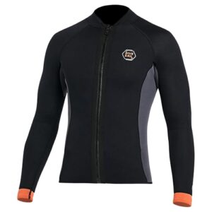 Neoprenanzug Jacke für Damen in schwarz mit langen Ärmeln, 3mm dick, ideal für Wassersport wie Tauchen, Surfen und Schnorcheln, mit Frontreißverschluss und grauen Einsätzen