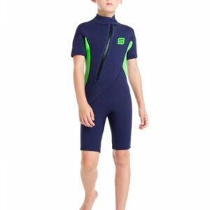 Kinder Neoprenanzug 2mm Shorty für Wassersport, navyblau mit grünen Akzenten, ideal für Schwimmen, Surfen und Schnorcheln