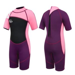 Yikayin Neoprenanzug für Kinder in modernem Lilaton und Pink, ideal für Wassersportarten wie Schwimmen, Tauchen und Surfen, mit Rückenreißverschluss für einfaches An- und Ausziehen.