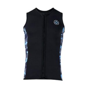 Ärmelloses Neoprenanzug-Oberteil für Herren in Schwarz mit auffälligem blauen Design, ideal für Wassersportarten wie Kanufahren, Kajakfahren und Schwimmen.